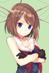 Rule 34 | &gt;:&lt;, 10s, 1girl, :&lt;, black gloves, blue eyes, breasts, brown hair, cleavage, closed mouth, collarbone, crossed arms, crossover, frown, gloves, green background, hair ornament, headgear, kantai collection, looking at viewer, maya (kancolle), midorikawa you, sailor collar, short hair, sketch, small breasts, solo, upper body, v-shaped eyebrows