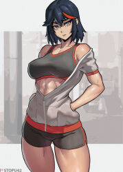 Rule 34 | 1girl, abs, absurdres, black hair, black shorts, black sports bra, blue eyes, breasts, commentary, cowboy shot, english commentary, grey hoodie, hands in pockets, highres, hood, hoodie, kill la kill, looking at viewer, matoi ryuuko, medium breasts, medium hair, multicolored hair, muscular, muscular female, off shoulder, parted lips, partially unzipped, patreon username, red hair, short shorts, shorts, solo, sports bra, standing, stopu, streaked hair