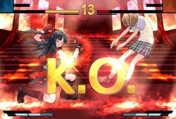 Rule 34 | 2girls, bad id, bad twitter id, black footwear, black hair, black skirt, bob cut, boots, brown footwear, brown hair, bullfalk, chase! (love live!), closed eyes, closed mouth, commentary request, fake screenshot, fighting game, fingerless gloves, fire, floating, gloves, grey eyes, grey skirt, hat, health bar, idol clothes, loafers, long hair, love live!, love live! nijigasaki high school idol club, mini hat, miniskirt, multiple girls, nakasu kasumi, nijigasaki school uniform, one side up, parody, plaid, plaid skirt, pleated skirt, red gloves, red hat, red vest, school uniform, shirt, shoes, short hair, skirt, socks, stage, street fighter, street fighter v, summer uniform, sweater vest, v-shaped eyebrows, vest, white shirt, white socks, yellow sweater vest, yuki setsuna (love live!)