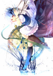 Rule 34 | 1girl, apron, arm up, bad id, bad pixiv id, between fingers, blue dress, clock, dress, embodiment of scarlet devil, female focus, holding, izayoi sakuya, kneehighs, knife, looking at viewer, maid, maid apron, maid headdress, red eyes, silentdin, silver hair, socks, solo, touhou