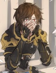 Rule 34 | 10s, 1boy, armor, bad id, bad twitter id, brown hair, feathers, granblue fantasy, hand on own face, male focus, md5 mismatch, red eyes, resized, sandalphon (granblue fantasy), short hair, tearing up, whalebrother