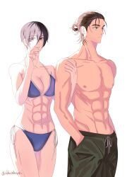 Rule 34 | 13nohuyu, 1boy, 1girl, abs, absurdres, bare arms, bare shoulders, bikini, black hair, black male swimwear, black shorts, blue bikini, breasts, brown hair, cleavage, cowboy shot, eren yeager, facial scar, grey eyes, hair between eyes, hair bun, hands in pockets, highres, holding another&#039;s arm, large breasts, looking at viewer, looking to the side, male swimwear, mikasa ackerman, muscular, muscular female, muscular male, parted lips, scar, scar on cheek, scar on face, shingeki no kyojin, short hair, shorts, swimsuit, thigh gap, topless male, twitter username, white background