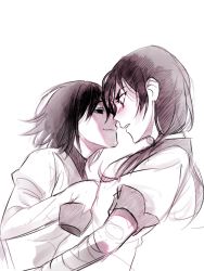 Rule 34 | 2girls, bandaged arm, bandages, black eyes, black hair, blush, bob cut, closed mouth, commentary, elosia, empty eyes, eye contact, face-to-face, floating hair, furrowed brow, hair between eyes, hair strand, hair tie, imminent kiss, kanbaru suruga, leaning back, leaning forward, long hair, looking at another, messy hair, monochrome, monogatari (series), multiple girls, naoetsu high school uniform, narrowed eyes, oshino ougi, parted lips, raised eyebrows, school uniform, shaded face, short hair, sidelocks, simple background, sleeves past fingers, sleeves past wrists, smile, spot color, surprised, twintails, upper body, v-shaped eyebrows, white background, wide-eyed