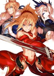 Rule 34 | 3girls, ahoge, armor, armored dress, artoria pendragon (all), artoria pendragon (fate), artoria pendragon (lancer) (fate), artoria pendragon (lancer alter) (fate), bare shoulders, blonde hair, braid, braided bun, breasts, cape, clarent (fate), cleavage, closed mouth, crown, crown braid, dark persona, detached collar, detached sleeves, dress, fate/grand order, fate (series), floating hair, french braid, fur trim, glint, green eyes, grin, hair between eyes, hair bun, hair ornament, hair ribbon, hair scrunchie, hand up, highres, holding, holding sword, holding weapon, horns, large breasts, light particles, long hair, looking at viewer, mordred (fate), mordred (fate/apocrypha), multiple girls, navel, open mouth, pelvic curtain, ponytail, red scrunchie, ribbon, saber (fate), sakiyamama, scrunchie, sidelocks, signature, simple background, smile, swept bangs, sword, thighhighs, underboob, waist cape, weapon, white background, wind, wind lift, yellow eyes