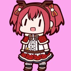 Rule 34 | 1girl, 2020, animal costume, antlers, chibi, christmas, earrings, flat color, hair ribbon, happy, horns, jewelry, kurosawa ruby, love live!, love live! sunshine!!, open mouth, red hair, red skirt, reindeer antlers, reindeer costume, ribbon, seion, skirt, standing, star (symbol), twintails