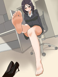 Rule 34 | 1girl, barefoot, blush, brown eyes, chair, dumbbell nan kilo moteru?, feet, foot focus, high heels, long hair, looking at viewer, nush advance, office, office chair, office lady, parted lips, pov, shoes, unworn shoes, sitting, soles, swivel chair, tachibana satomi, toes
