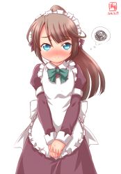 Rule 34 | 10s, 1girl, alternate costume, apron, blue eyes, blush, brown hair, dated, enmaided, frills, frown, hair ribbon, highres, juliet sleeves, kanon (kurogane knights), kantai collection, kazagumo (kancolle), long hair, long sleeves, looking at viewer, maid, maid apron, maid headdress, ponytail, puffy long sleeves, puffy sleeves, ribbon, simple background, solo, spoken squiggle, squiggle, tsurime, v arms, white background