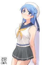 Rule 34 | 1girl, against wall, artist name, blue eyes, blue hair, blue sailor collar, commentary request, cowboy shot, dated, double bun, hair bun, hat, highres, kantai collection, looking at viewer, neckerchief, one-hour drawing challenge, owa (ishtail), pleated skirt, sailor collar, sailor hat, school uniform, serafuku, simple background, skirt, sleeves rolled up, solo, urakaze (kancolle), white background, white hat, yellow neckerchief