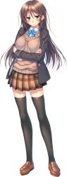 Rule 34 | 1girl, absurdres, amakano ~second season~, azarashi soft, black thighhighs, blazer, blush, brown hair, cardigan vest, crossed arms, frown, full body, game cg, hair ornament, hairclip, highres, ichinose honami (amakano), jacket, loafers, long hair, long sleeves, looking at viewer, open clothes, open jacket, piromizu, plaid, plaid skirt, pleated skirt, shoes, skirt, solo, tachi-e, thighhighs, transparent background, yellow eyes
