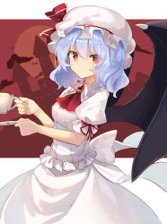 Rule 34 | 1girl, ambiguous red liquid, ascot, bat (animal), bat wings, blue hair, breasts, brooch, castle, commentary request, cowboy shot, cup, dress, falken (yutozin), hair between eyes, hat, hat ribbon, highres, holding, holding cup, jewelry, looking at viewer, mob cap, moon, puffy short sleeves, puffy sleeves, red ascot, red background, red eyes, red ribbon, remilia scarlet, ribbon, short hair, short sleeves, small breasts, smile, solo, standing, teacup, touhou, two-tone background, white background, white dress, white hat, wings