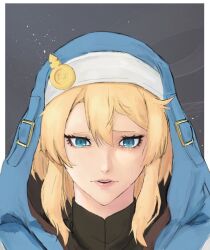 Rule 34 | 1boy, androgyne symbol, blonde hair, bridget (guilty gear), crying, crying with eyes open, guilty gear, guilty gear strive, habit, highres, hood, hooded jacket, hoodie, jacket, parted lips, portrait, simple background, solo, tears, trap