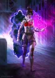 Rule 34 | 1girl, absurdres, apex legends, arm at side, belt, belt buckle, belt pouch, black hair, blue eyes, bodysuit, boots, breasts, buckle, cable, clenched hand, closed mouth, commentary, electricity, electrokinesis, english commentary, full body, gloves, green gloves, hair bun, highres, indoors, knee boots, lips, long sleeves, medium breasts, nose, portal (object), pouch, quarantine 722 wraith, scarf, short hair, shoulder pads, sidelocks, single hair bun, small breasts, solo, thigh strap, utility belt, vambraces, white bodysuit, white footwear, white scarf, wraith (apex legends), zhora tyrell