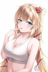 Rule 34 | 1girl, absurdres, akai haato, blonde hair, blue eyes, blush, breasts, cleavage, hair ribbon, highres, hololive, large breasts, long hair, looking at viewer, one side up, red ribbon, ribbon, shira jun, simple background, solo, sports bra, tongue, tongue out, upper body, virtual youtuber, white background, white sports bra
