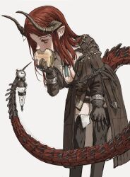 1girl absurdres boots breasts cleavage dragon_girl dragon_horns dragon_tail earrings eating food gloves gold_can green_eyes half-closed_eyes highres holding holding_food holding_sandwich horn_ornament horn_ring horns jewelry long_hair long_sleeves original pocket_watch red_hair sandwich sketch tail thigh_boots watch