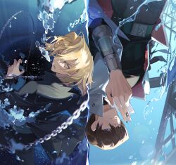 Rule 34 | 2boys, air bubble, asphyxiation, attempted murder, belt, belt buckle, black jacket, black pants, blonde hair, blue eyes, brown hair, bubble, buckle, chain, clenched teeth, coat, commentary, cuffs, day, drowning, evil smile, hand up, highres, holding, holding key, inkerpape, jacket, jonouchi katsuya, kaiba seto, key, looking at viewer, looking back, male focus, multiple boys, open clothes, open coat, outdoors, pants, rotational symmetry, scared, short hair, sleeveless, sleeveless coat, smile, splashing, split screen, symbol-only commentary, teeth, truss, two-sided coat, two-sided fabric, underwater, upper body, vambraces, water, white coat, yellow eyes, yu-gi-oh!, yu-gi-oh! duel monsters