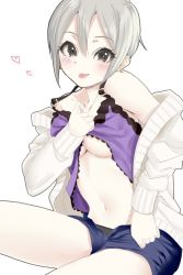 Rule 34 | 1girl, bare shoulders, black eyes, black panties, blue shorts, blush, breasts, camisole, camisole lift, cardigan, cleavage, clothes lift, collarbone, ear piercing, earrings, ginnote, grey hair, hair between eyes, heart, idolmaster, idolmaster cinderella girls, jewelry, lifting own clothes, looking at viewer, medium breasts, navel, no bra, open cardigan, open clothes, pale skin, panties, piercing, purple shirt, shiomi syuko, shirt, shirt lift, short hair, short shorts, shorts, simple background, sitting, smile, solo, spaghetti strap, strap slip, tongue, tongue out, underboob, underwear, undressing, unzipped, white background