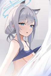 1girl absurdres animal_ear_fluff animal_ears blue_archive blue_eyes blue_halo blush breasts clothes_lift cross_hair_ornament grey_hair hair_between_eyes hair_ornament halo highres medium_breasts nohohon_neko open_mouth school_swimsuit shiroko_(blue_archive) sidelocks swimsuit teeth upper_teeth_only