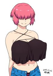 Rule 34 | 1girl, bare shoulders, breasts, cleavage, commentary, covered eyes, cowboy shot, dated, denim, jeans, large breasts, navel, open fly, original, panties, pants, pink hair, short hair, signature, smile, solo, tsukudani (coke-buta), underwear