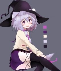Rule 34 | 1girl, animal ears, ass, beige sweater, black bullet, black hat, black skirt, black thighhighs, blush, braid, casmo, cat ears, cat girl, color guide, commentary request, curly hair, fuse midori, hair between eyes, hair ribbon, hand on own knee, hat, highres, long hair, open mouth, palette (object), panties, pantyshot, purple eyes, purple panties, purple ribbon, ribbon, silver hair, simple background, single braid, sitting, skirt, solo, thighhighs, thighs, underwear, upskirt, very long hair, wavy mouth, witch hat