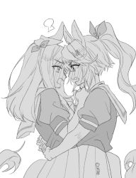 Rule 34 | 2girls, animal ears, bgd 3rd, blush, bow, clenched hands, ear bow, eye contact, full-face blush, greyscale, hands on another&#039;s chest, horse ears, horse girl, horse tail, hug, long hair, looking at another, mejiro mcqueen (umamusume), monochrome, multiple girls, open mouth, ponytail, sailor collar, school uniform, short sleeves, tail, tokai teio (umamusume), tracen school uniform, umamusume, upper body, v-shaped eyebrows, yuri