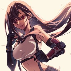 Rule 34 | 1girl, arm armor, bare shoulders, black hair, black skirt, breasts, brown hair, clenched hands, crop top, detached sleeves, earrings, fighting stance, final fantasy, final fantasy vii, final fantasy vii remake, fingerless gloves, gloves, highres, jewelry, large breasts, lips, long hair, red eyes, seilidare, skirt, solo, square enix, suspender skirt, suspenders, tank top, tifa lockhart, upper body, white tank top
