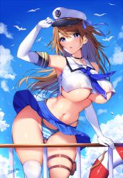 Rule 34 | 1girl, anchor choker, bird, blouse, blue eyes, blue neckwear, breasts, brown hair, cameltoe, choker, cloud, commentary request, crop top, crop top overhang, day, elbow gloves, gloves, large breasts, lifebuoy, long hair, mataro (matarou), navel, necktie, open mouth, original, over-kneehighs, panties, pleated skirt, seagull, shirt, side-tie panties, single over-kneehigh, single thighhigh, skirt, sleeveless, sleeveless shirt, striped clothes, striped panties, swim ring, thighhighs, underboob, underwear, white gloves, white thighhighs, wind, wind lift