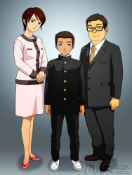 Rule 34 | 1girl, 2boys, age difference, blazer, brown eyes, brown hair, business suit, earrings, family, formal, gakuran, glasses, gradient background, jacket, jewelry, looking at viewer, mature female, multiple boys, necklace, pantyhose, pearl necklace, ring, school uniform, shoes, short hair, simple background, skirt, sneakers, standing, suit, tankuro (funhouse), v arms, wedding band, wedding ring