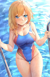Rule 34 | 1girl, bare arms, bare shoulders, blue eyes, blush, breasts, cleavage, closed mouth, collarbone, competition swimsuit, cowboy shot, day, groin, large breasts, long hair, looking at viewer, multicolored clothes, multicolored swimsuit, one-piece swimsuit, orange hair, outdoors, pool, pool ladder, ray (pixiv9514208), rodney (warship girls r), smile, solo, sunlight, swimsuit, thigh gap, thighs, warship girls r, water