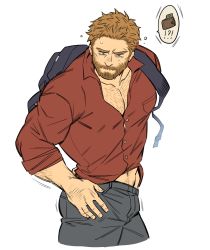 Rule 34 | 1boy, absurdres, arm hair, backpack, bag, bara, blonde hair, bulge, chest hair, cropped legs, denim, facial hair, flat color, frown, highres, holmy (holmesdmode), jeans, large pectorals, looking down, male focus, mature male, midriff peek, motion lines, muscular, muscular male, mustache, navel, navel hair, original, pants, partially unbuttoned, pectoral cleavage, pectorals, red shirt, searching, shirt, short hair, sleeves rolled up, solo, thick eyebrows, thighs, thought bubble, tight clothes, tight shirt, wallet