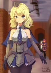 Rule 34 | 2girls, absurdres, black gloves, black pantyhose, black thighhighs, blonde hair, blue bow, blue eyes, blue necktie, blurry, blurry background, bow, braid, breasts, capelet, colorado (kancolle), dress, elbow gloves, garrison cap, gloves, grey capelet, grey dress, grey gloves, grey headwear, hair bow, hat, headgear, highres, kantai collection, light brown hair, long hair, low twintails, maryland (kancolle), medium breasts, multiple girls, nazono neko, necktie, pantyhose, pleated dress, shirt, short hair, side braids, sleeveless, sleeveless shirt, solo focus, standing, thighhighs, twintails, white shirt