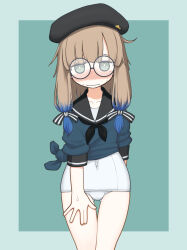 Rule 34 | 1girl, arm behind back, beret, black bow, black hat, black neckerchief, black sailor collar, blue hair, blue shirt, blunt bangs, blush, border, bow, bright pupils, brown hair, collarbone, colored tips, covered navel, embarrassed, fate/grand order, fate (series), glasses, gluteal fold, green background, green border, green eyes, hair bow, hand on own thigh, hat, highres, long hair, looking at viewer, low-tied sidelocks, mole, mole above mouth, mole under eye, multicolored hair, multiple hair bows, neckerchief, nemo (fate), nervous smile, nervous sweating, no pants, nose blush, one-piece swimsuit, professor nemo (fate), round eyewear, sailor collar, shirt, sidelocks, smile, solo, standing, straight-on, striped, striped bow, sweat, swimsuit, swimsuit under clothes, thigh gap, tied shirt, wavy mouth, white one-piece swimsuit, white pupils, yunji