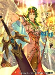 Rule 34 | 1girl, armor, company name, copyright name, dress, elincia ridell crimea, feathered wings, fire emblem, fire emblem: path of radiance, fire emblem cipher, green hair, holding, holding shield, holding staff, long hair, nintendo, official art, orange eyes, parted lips, pegasus, shield, sky, solo focus, staff, suzuki rika, sword, weapon, white wings, wings