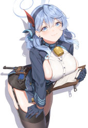 Rule 34 | 1girl, ako (blue archive), bell, bent over, black gloves, black skirt, black thighhighs, blue archive, blue coat, blue eyes, blue hair, blue hairband, blush, breasts, chain, clipboard, coat, earrings, fangxiang cuoluan, garter straps, gloves, gun, hair between eyes, hair ribbon, hairband, half gloves, halo, handgun, highres, holster, holstered, jewelry, large breasts, long hair, long sleeves, looking at viewer, luger p08, miniskirt, neck bell, paid reward available, red ribbon, ribbon, sideboob, simple background, skirt, solo, thighhighs, weapon