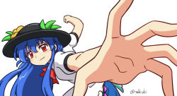 Rule 34 | apron, black hat, blouse, blue hair, blue skirt, bow, bowtie, food, frills, fruit, hat, hinanawi tenshi, incoming attack, incoming punch, leaf, long hair, meme, neck ribbon, peach, pepe punch (meme), puffy short sleeves, puffy sleeves, punching, rainbow gradient, rainbow order, rakkidei, red bow, red eyes, ribbon, shawl, shirt, short sleeves, skirt, smile, solo, touhou, white shirt