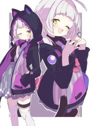 Rule 34 | 1girl, ahoge, animal hood, black dress, braid, cat hood, cat tail, dress, hand in pocket, highres, hololive, hood, inaririn, jacket, looking at viewer, medium hair, murasaki shion, murasaki shion (school uniform), official alternate costume, one eye closed, open mouth, own hands together, purple jacket, short eyebrows, smile, solo, tail, thigh strap, thighhighs, twin braids, virtual youtuber, white thighhighs, yellow eyes