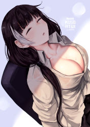 Rule 34 | 1girl, black hair, breasts, cleavage, closed eyes, collarbone, collared shirt, girls&#039; frontline, grey shirt, highres, large breasts, long hair, mishima hiroji, multicolored hair, parted lips, partially unbuttoned, ro635 (girls&#039; frontline), shirt, sitting, sleeping, solo, streaked hair, sweat, white hair