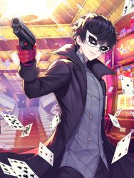 1boy amamiya_ren black_hair black_jacket card casino commentary_request cowboy_shot gloves gun handgun highres holding holding_weapon indoors jacket kyundoo looking_at_viewer male_focus mask messy_hair mouth_mask parted_lips persona persona_5 persona_5_the_royal pistol playing_card red_gloves short_hair smile solo stairs weapon