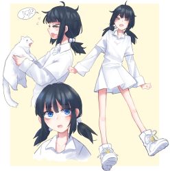 Rule 34 | &gt;o&lt;, 1girl, :o, absurdres, animal, black hair, blue eyes, blush, borrowed character, cat, collarbone, collared dress, commission, cropped shoulders, dress, egg (aiu404l), flying sweatdrops, from side, hair ornament, highres, holding, holding animal, holding cat, layered sleeves, long sleeves, looking at viewer, low twintails, medium hair, original, popopoka, portrait, shoes, short dress, short over long sleeves, short sleeves, speech bubble, twintails, white dress, white footwear