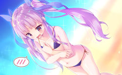 Rule 34 | 1girl, alternate costume, bare arms, bare legs, bare shoulders, bikini, blush, blush stickers, breasts, collarbone, commentary request, flat chest, hair between eyes, hair ribbon, kyouka (princess connect!), long hair, masaki kei, navel, princess connect!, purple hair, ribbon, side-tie bikini bottom, solo, standing, string bikini, sweatdrop, swimsuit, twintails, very long hair, wavy mouth