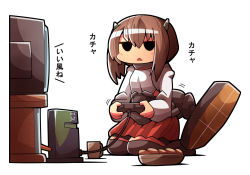 Rule 34 | 10s, 1girl, bad id, bad pixiv id, brown hair, controller, cup, game controller, kakuzatou (koruneriusu), kantai collection, koruneriusu, mug, personification, seiza, short hair, simple background, sitting, solo, taihou (kancolle), teacup, television, triangle mouth, white background