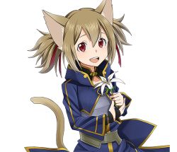 Rule 34 | 1girl, :d, animal ears, armor, breastplate, brown hair, cat ears, cat tail, flower, hair ornament, hair ribbon, holding, holding flower, long hair, looking at viewer, open mouth, red eyes, red ribbon, ribbon, short twintails, silica, silica (sao-alo), sitting, smile, solo, sword art online, tail, transparent background, twintails, white flower
