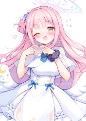 1girl ;d black_scrunchie blue_archive blue_bow blue_flower blush bow breasts brown_eyes capelet commentary_request crescent dress feathered_wings flower flying_sweatdrops hair_bun hair_flower hair_ornament halo hands_up heart heart_hands highres izumi_nanase long_hair looking_at_viewer low_wings medium_breasts mika_(blue_archive) one_eye_closed open_mouth pink_hair scrunchie single_side_bun smile solo twitter_username very_long_hair white_capelet white_dress white_wings wings wrist_scrunchie