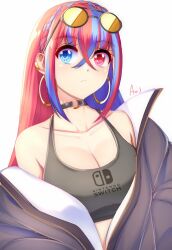 Rule 34 | 1girl, alear (female) (fire emblem), alear (fire emblem), anisdrawn, bare shoulders, black choker, black jacket, blue eyes, blue hair, breasts, choker, cleavage, clothes writing, collarbone, commentary, earrings, fire emblem, fire emblem engage, hair between eyes, heterochromia, highres, hoop earrings, jacket, jewelry, large breasts, long hair, looking at viewer, multicolored hair, nintendo, off shoulder, red eyes, red hair, simple background, solo, sports bra, streaked hair, upper body, white background
