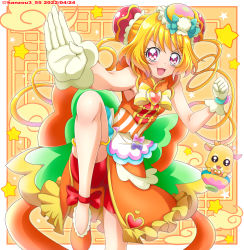 Rule 34 | 1girl, apron, back bow, bike shorts, bikini, blonde hair, bow, bowl, brooch, bun cover, chinese clothes, cure yum-yum, delicious party precure, double bun, dragon, dress, fighting stance, gloves, gradient background, hair between eyes, hair bun, hanamichi ran, hanzou, heart, heart brooch, highres, huge bow, jewelry, lips, long hair, magical girl, mem-mem (precure), multicolored hair, open mouth, orange dress, precure, red hair, red shorts, shorts, sleeveless, sleeveless dress, surprised, swimsuit, two-tone hair, very long hair, white gloves, yellow background, yellow eyes