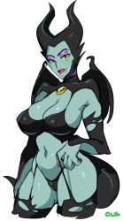 Rule 34 | 1girl, black eyes, black lingerie, breasts, cleavage, colored sclera, colored skin, demon wings, disney, eyeshadow, green skin, highres, horns, lightsource, lipstick, looking at viewer, makeup, maleficent, nail polish, open mouth, purple eyeshadow, red lips, sleeping beauty, wings, yellow sclera