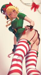 Rule 34 | 1girl, alternate ears, ass, belt, black thighhighs, blonde hair, blurry, blurry background, blush, breasts, candy, candy cane, closed mouth, commentary, dot nose, elf, elf hat, english commentary, fingerless gloves, food, from below, genshin impact, gloves, green shirt, hair ornament, hat, highres, holding, legs, lifted by self, liremi, long bangs, looking at viewer, lumine (genshin impact), medium breasts, orange eyes, parted bangs, patreon username, peppermint, pointy ears, red skirt, shiny skin, shirt, short hair, short sleeves, skirt, solo, standing, striped clothes, striped thighhighs, thighhighs, thighs