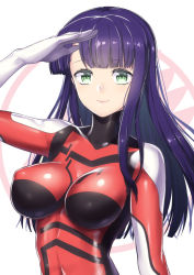 Rule 34 | 1girl, arm up, blue hair, bodysuit, breasts, commentary request, covered erect nipples, female focus, gloves, green eyes, hime cut, impossible bodysuit, impossible clothes, kazama itsuki, kidou senkan nadesico, long hair, looking at viewer, medium breasts, nagase haruhito, purple hair, salute, shiny clothes, skin tight, smile, solo, upper body, white gloves