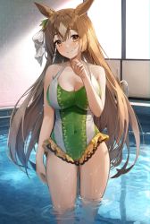 Rule 34 | 1girl, animal ears, bad id, bad twitter id, blush, breasts, brown eyes, brown hair, closed mouth, commentary request, covered navel, green one-piece swimsuit, hair ribbon, highres, horse ears, horse girl, indoors, large breasts, long hair, looking at viewer, minttchocok, one-piece swimsuit, partially submerged, pool, ribbon, satono diamond (umamusume), smile, solo, standing, swimsuit, umamusume, wading, water, wet, white ribbon