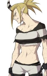 Rule 34 | 1girl, bad id, bad pixiv id, bare shoulders, blouse, blue eyes, breasts, crop top, cuffs, ganno, groin, highres, horns, long hair, looking to the side, medium breasts, midriff, pointy ears, ponytail, prison clothes, scar, scythana (skullgirls), serious, shackles, sharp teeth, shirt, single horn, skullgirls, solo, striped clothes, striped shirt, teeth