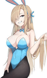 Rule 34 | 1girl, absurdres, animal ears, armpit crease, asuna (blue archive), asuna (bunny) (blue archive), bare shoulders, black pantyhose, blue archive, blue bow, blue bowtie, blue eyes, blue leotard, blue ribbon, bow, bowtie, breasts, cleavage, covered navel, cowboy shot, detached collar, eyes visible through hair, fake animal ears, gnns, grin, hair over one eye, hair ribbon, hand on thigh, highres, holding, holding hair, large breasts, leotard, light brown hair, long hair, pantyhose, parted bangs, playboy bunny, rabbit ears, ribbon, simple background, smile, solo, strapless, strapless leotard, traditional bowtie, white background